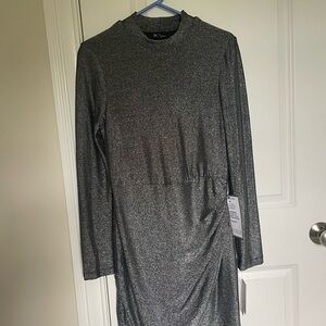 Metallic Ruched Tulip-Hem Mock-Neck Dress Medium